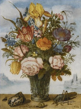 Flores Painting - Bosschaert Ambrosius RAMO DE FLORES EN UNA cornisa JUNTO CON UNA CONCHA Y UN SALTAMONTES